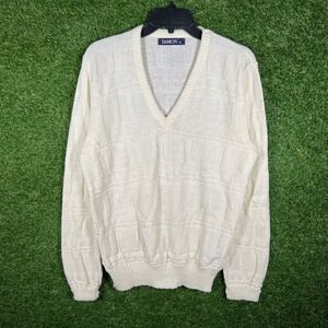 Damon Mens V-Neck Sweater Medium Cream White Textured Geometric‎ Knit Pullover